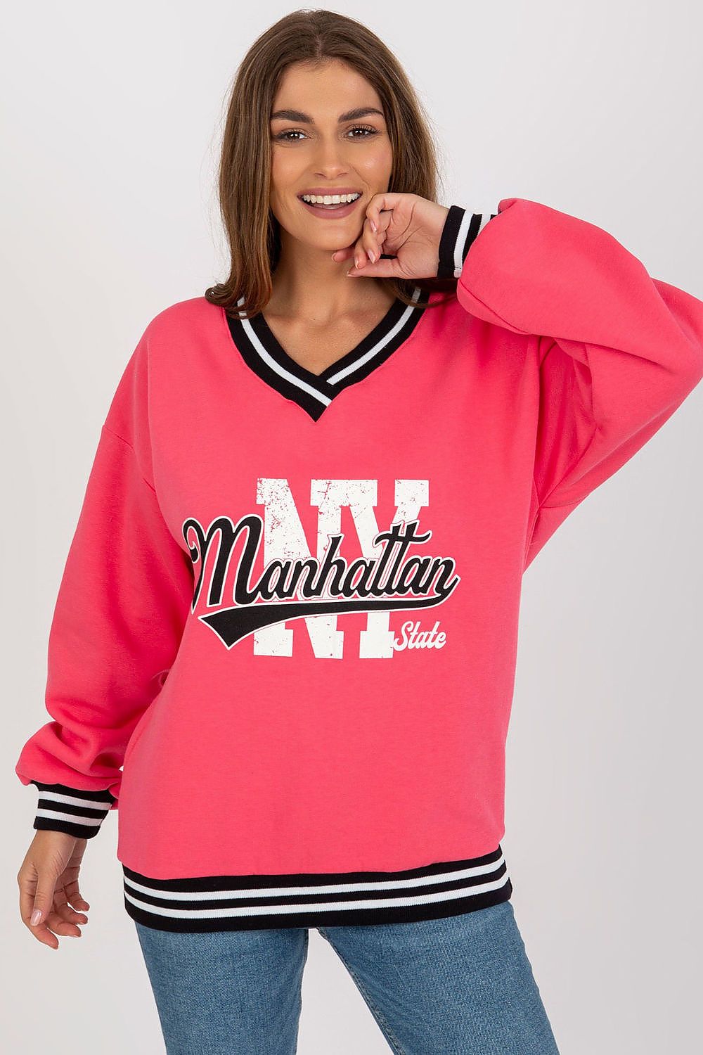 Ex Moda Manhattan NY Slogan V Neck Sweater pink one-size-fits-all