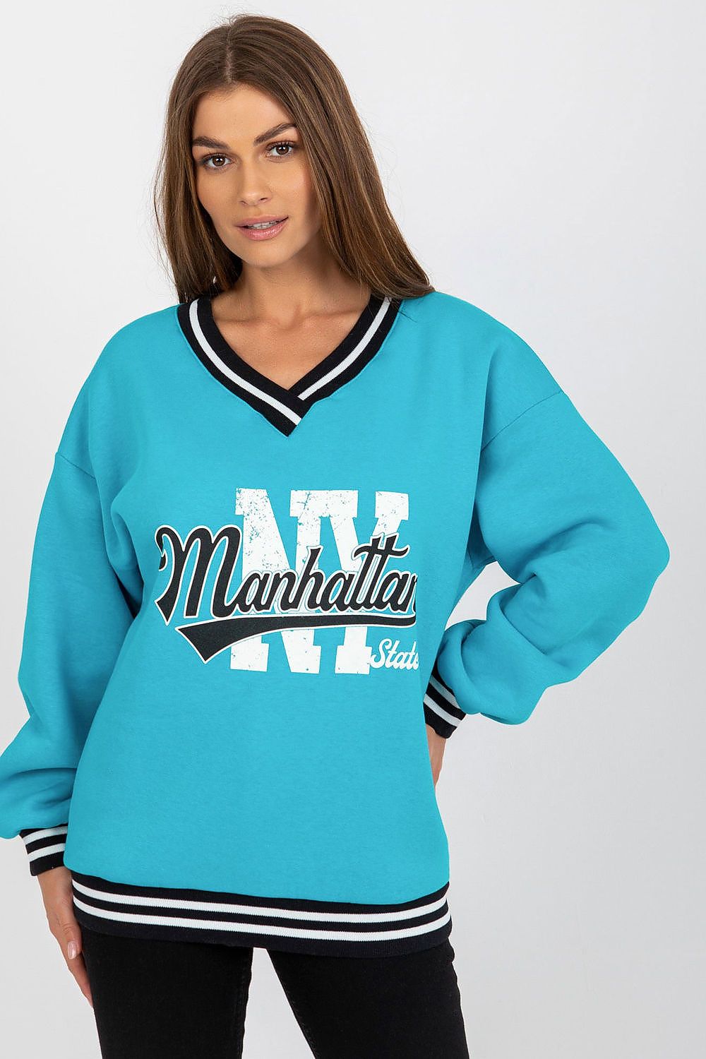 Ex Moda Manhattan NY Slogan V Neck Sweater blue one-size-fits-all