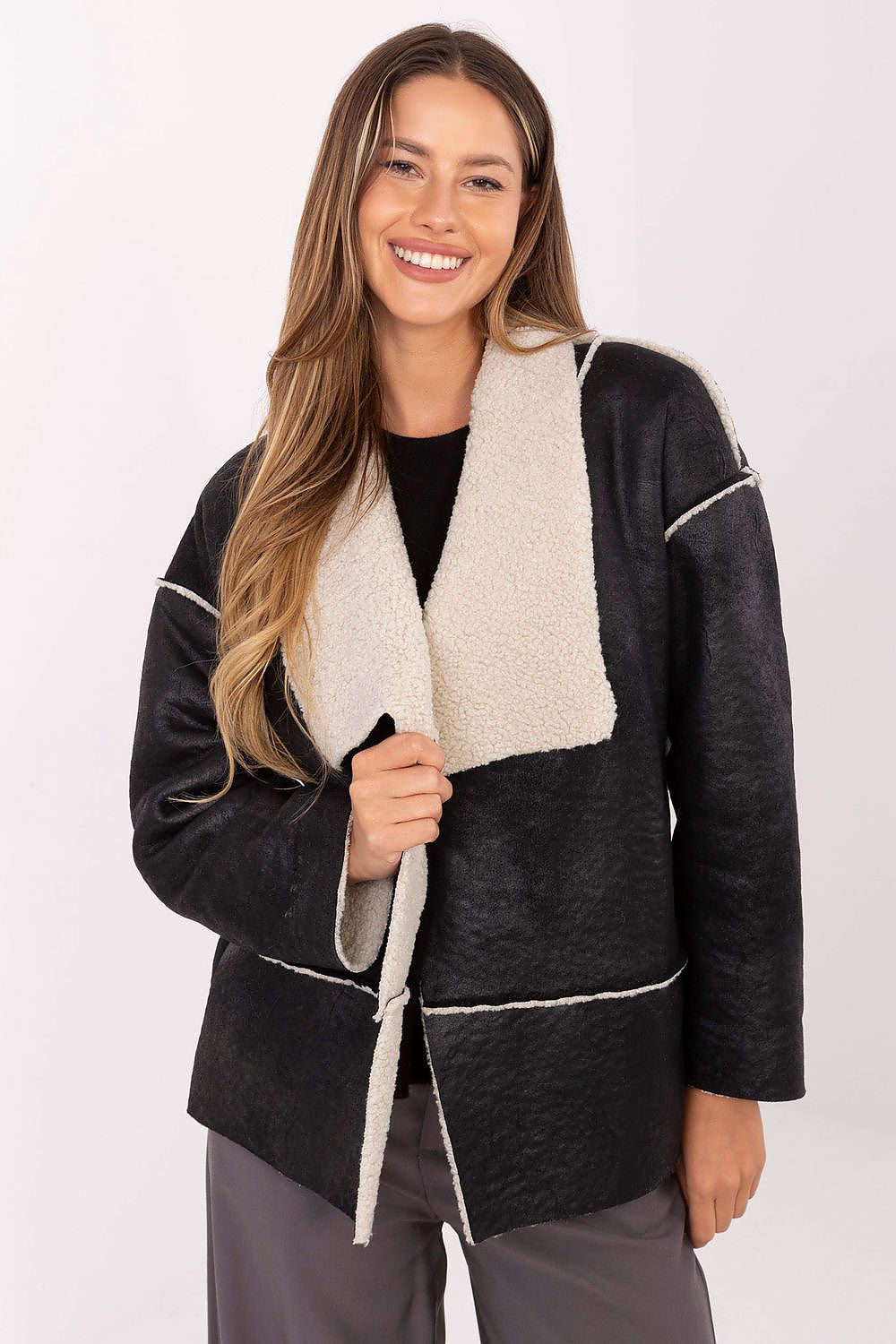 Factory Price Faux Fur Lapel Jacket black one-size-fits-all