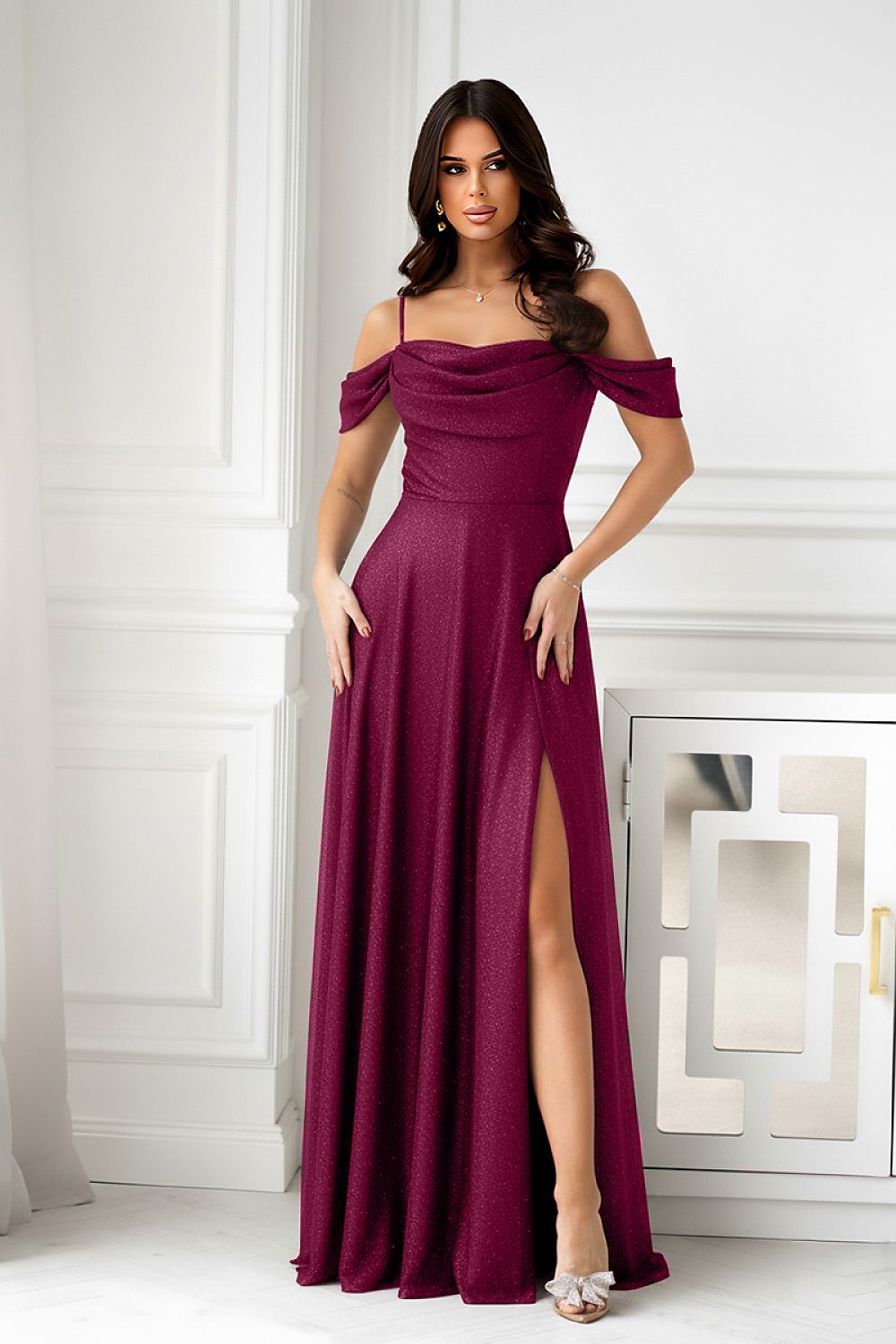 Bicotone Shiny Tulle Waist-Cinched Slit Maxi Dress red