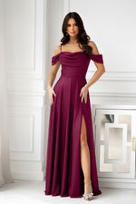Bicotone Shiny Tulle Waist-Cinched Slit Maxi Dress red