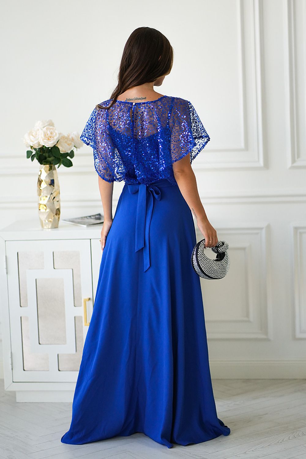 Bicotone Sequin Bolero Thin-Strap Rose Belt Maxi Dress