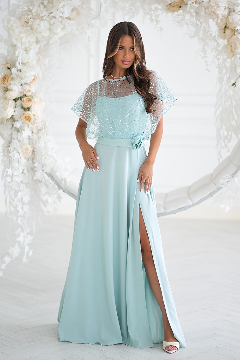 Bicotone Sequin Bolero Thin-Strap Rose Belt Maxi Dress green 2