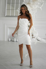 Bicotone Satin Strapless Rose Draped Mini Dress