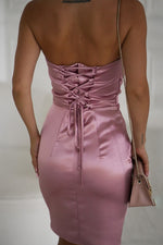 Bicotone Satin Strapless Rose Draped Mini Dress