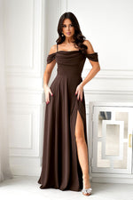 Bicotone Off Shoulder Drooping-Strap Side-Slit Flowing Maxi Occasion Dress brown