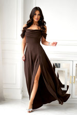 Bicotone Off Shoulder Drooping-Strap Side-Slit Flowing Maxi Occasion Dress