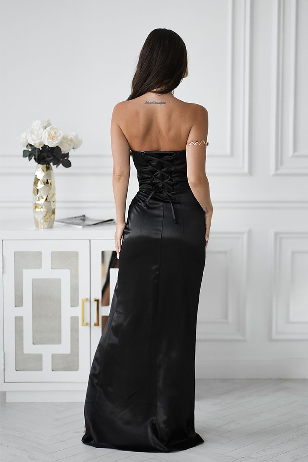 Bicotone Satin Strapless Rose High-Slit Maxi Dress