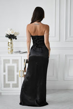 Bicotone Satin Strapless Rose High-Slit Maxi Dress