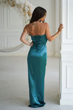 Bicotone Satin Strapless Rose High-Slit Maxi Dress