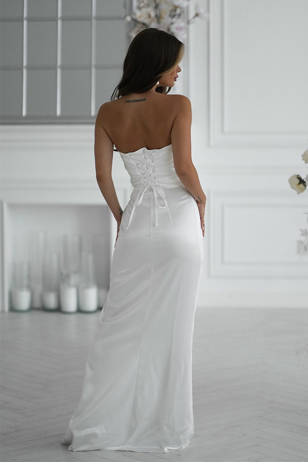 Bicotone Satin Strapless Rose High-Slit Maxi Dress