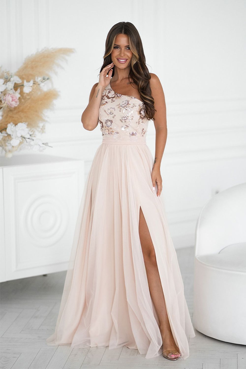 Bicotone Tulle Flowing High-Slit Layered Maxi Dress beige