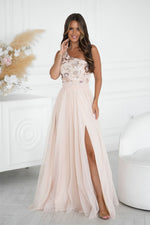 Bicotone Tulle Flowing High-Slit Layered Maxi Dress beige