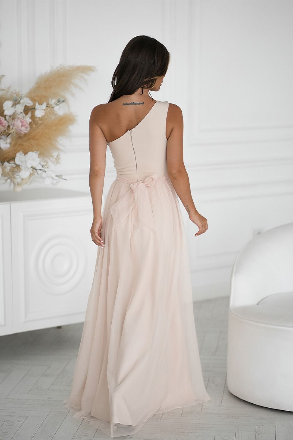Bicotone Tulle Flowing High-Slit Layered Maxi Dress