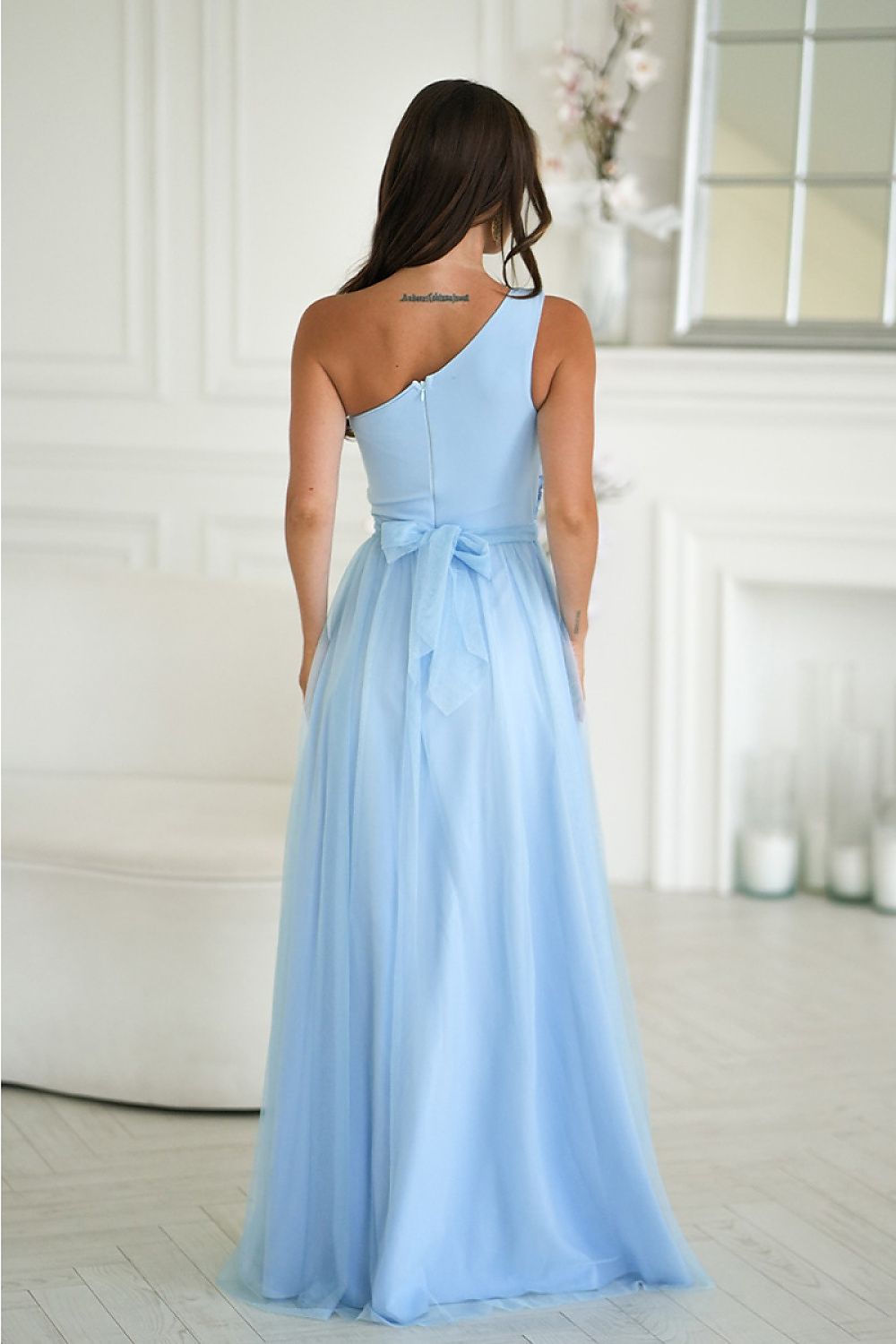 Bicotone Tulle Flowing High-Slit Layered Maxi Dress