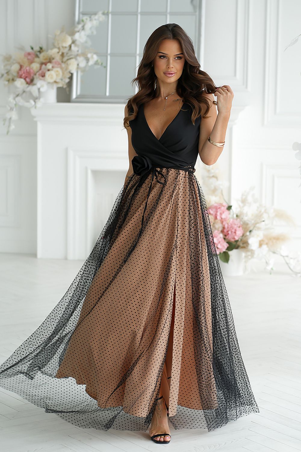 Bicotone Airy Slit Rose Belt Flowing Maxi Dress black 2