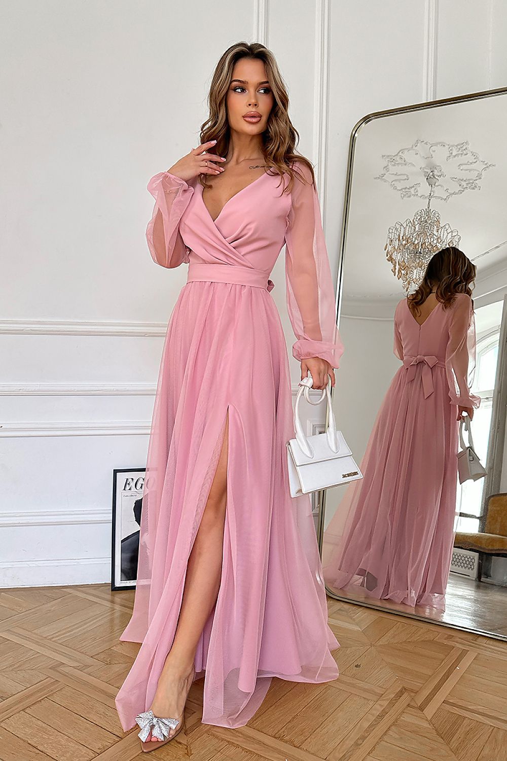 Bicotone Flowing Slit Belted Double-Layer Long Sleeve Maxi Dress pink