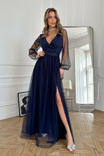 Bicotone Flowing Slit Belted Double-Layer Long Sleeve Maxi Dress navy blue