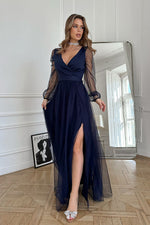 Bicotone Flowing Slit Belted Double-Layer Long Sleeve Maxi Dress
