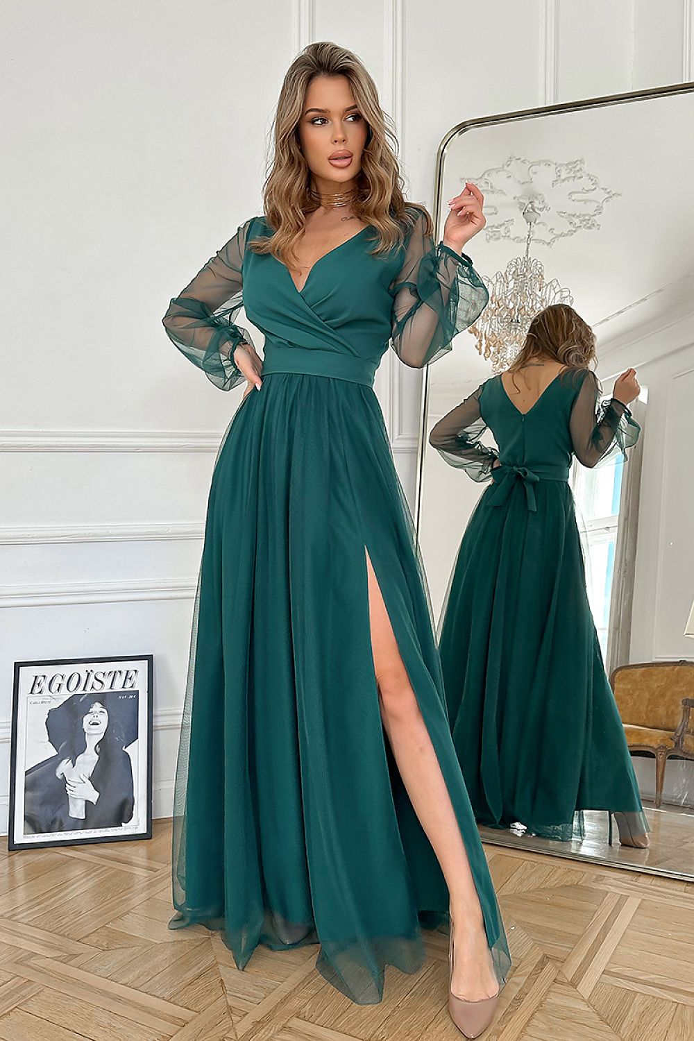 Bicotone Flowing Slit Belted Double-Layer Long Sleeve Maxi Dress green