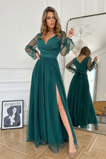 Bicotone Flowing Slit Belted Double-Layer Long Sleeve Maxi Dress green