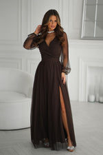 Bicotone Flowing Slit Belted Double-Layer Long Sleeve Maxi Dress brown