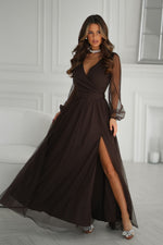 Bicotone Flowing Slit Belted Double-Layer Long Sleeve Maxi Dress