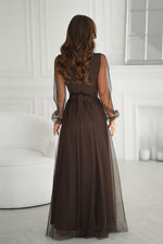 Bicotone Flowing Slit Belted Double-Layer Long Sleeve Maxi Dress