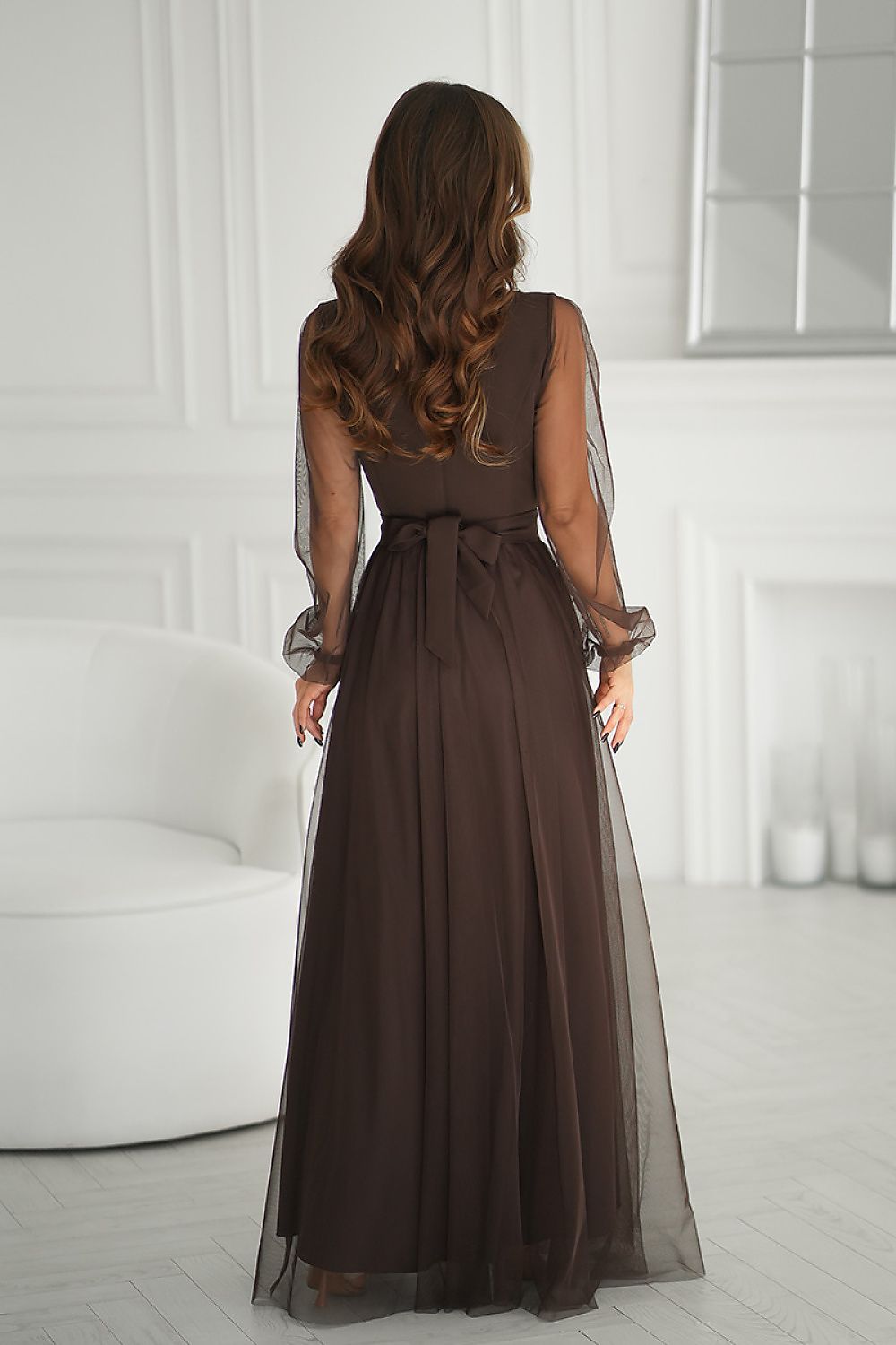 Bicotone Flowing Slit Belted Double-Layer Long Sleeve Maxi Dress