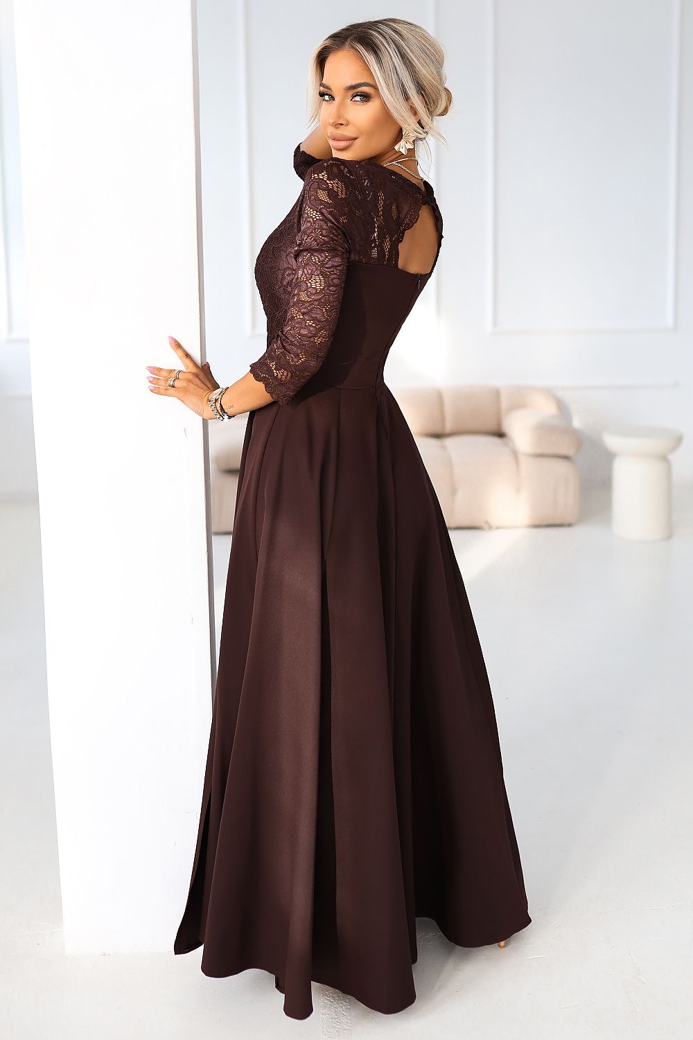 Numoco Amber Long Maxi Occasion Lace Top Long Sleeve Thigh Slit Dress
