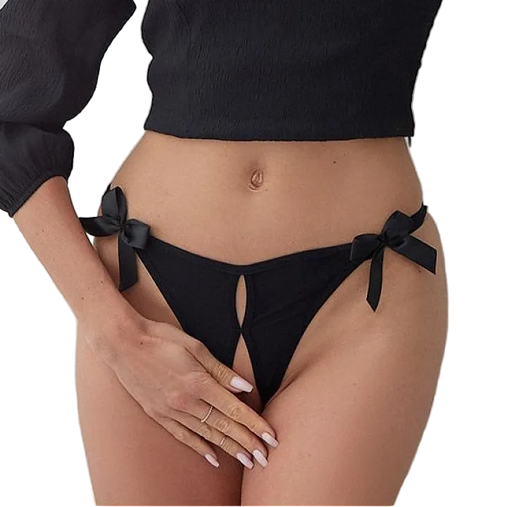 Pure Sin Aura Black Crotchless Knickers with Double Straps & Bows
