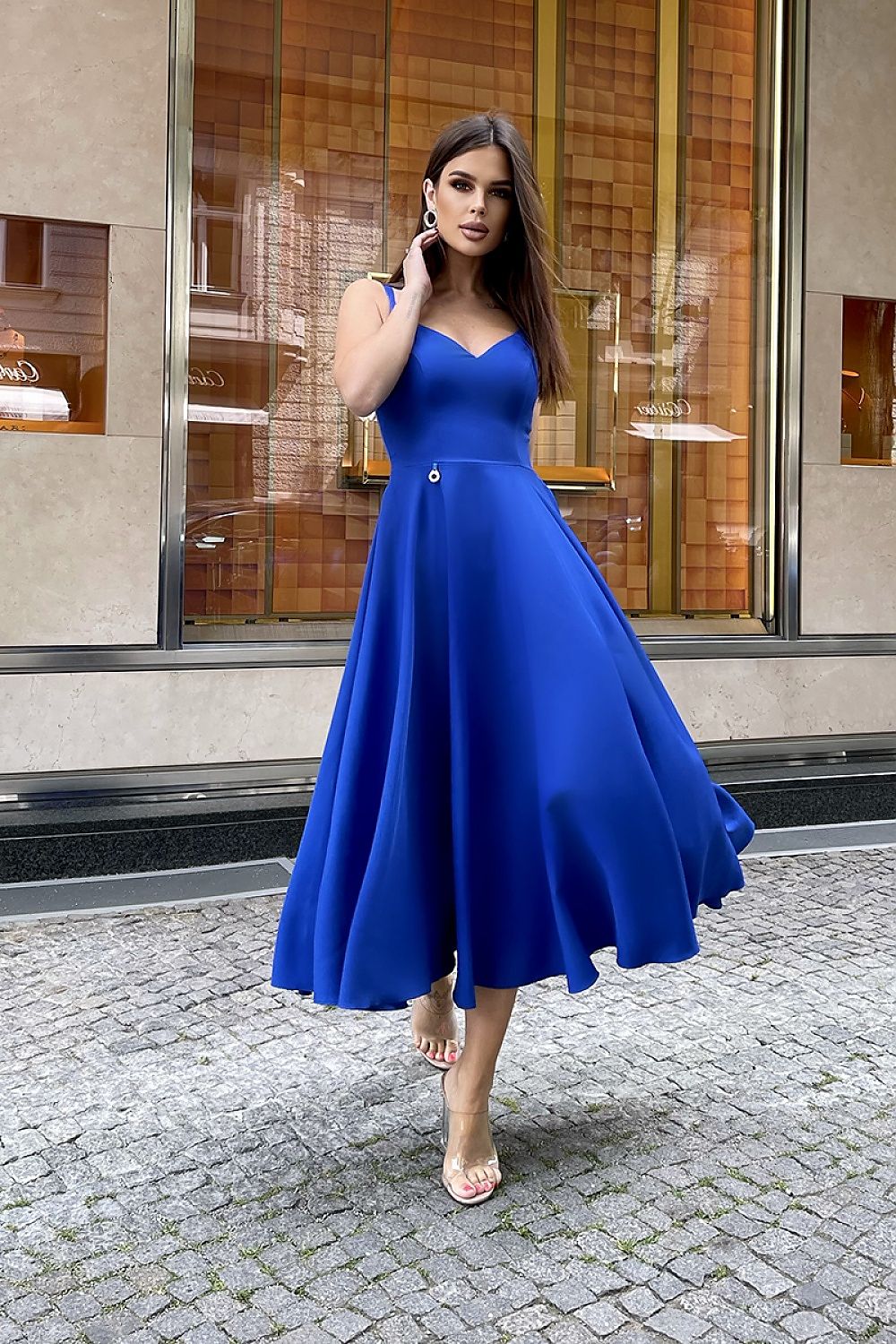 Bicotone Midi Strappy Flared Day Dress blue