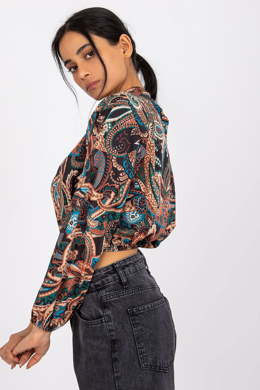 Italy Moda Short Blouse Long Sleeve Stand-Up Collar