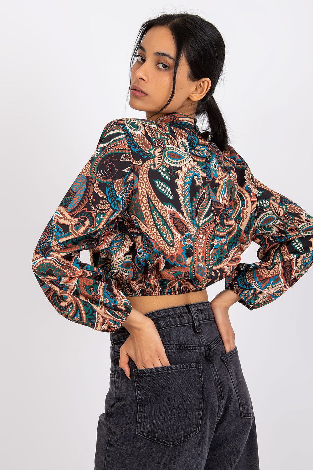 Italy Moda Short Blouse Long Sleeve Stand-Up Collar