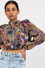 Italy Moda Short Blouse Long Sleeve Stand-Up Collar navy blue one-size-fits-all