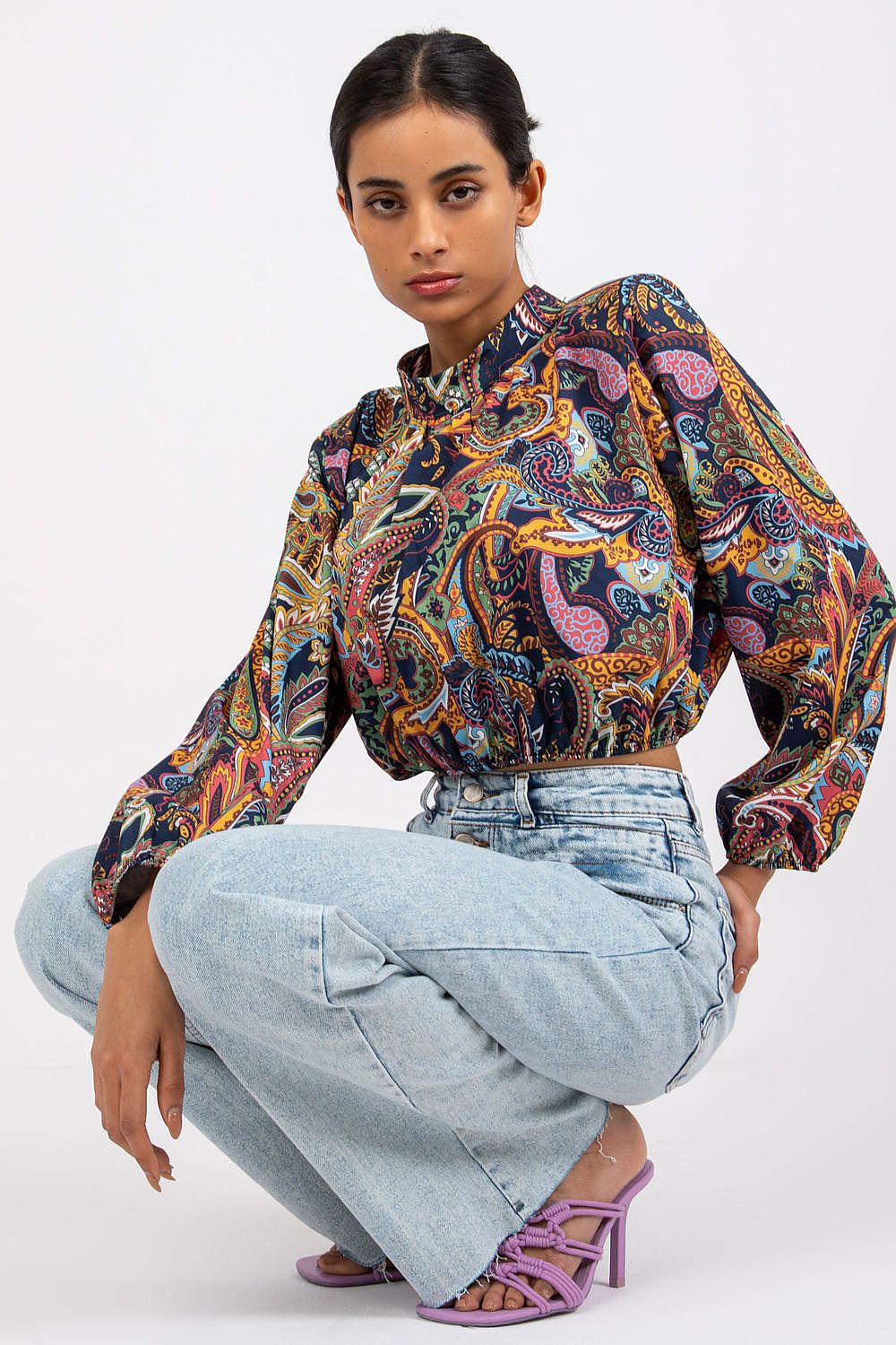 Italy Moda Short Blouse Long Sleeve Stand-Up Collar