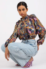 Italy Moda Short Blouse Long Sleeve Stand-Up Collar