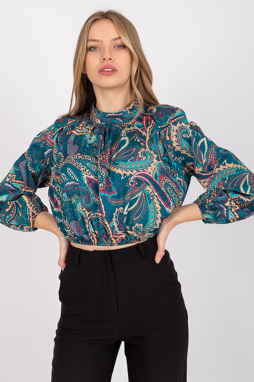 Italy Moda Short Blouse Long Sleeve Stand-Up Collar green one-size-fits-all