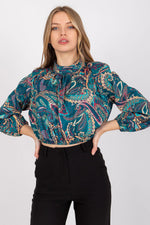 Italy Moda Short Blouse Long Sleeve Stand-Up Collar green one-size-fits-all