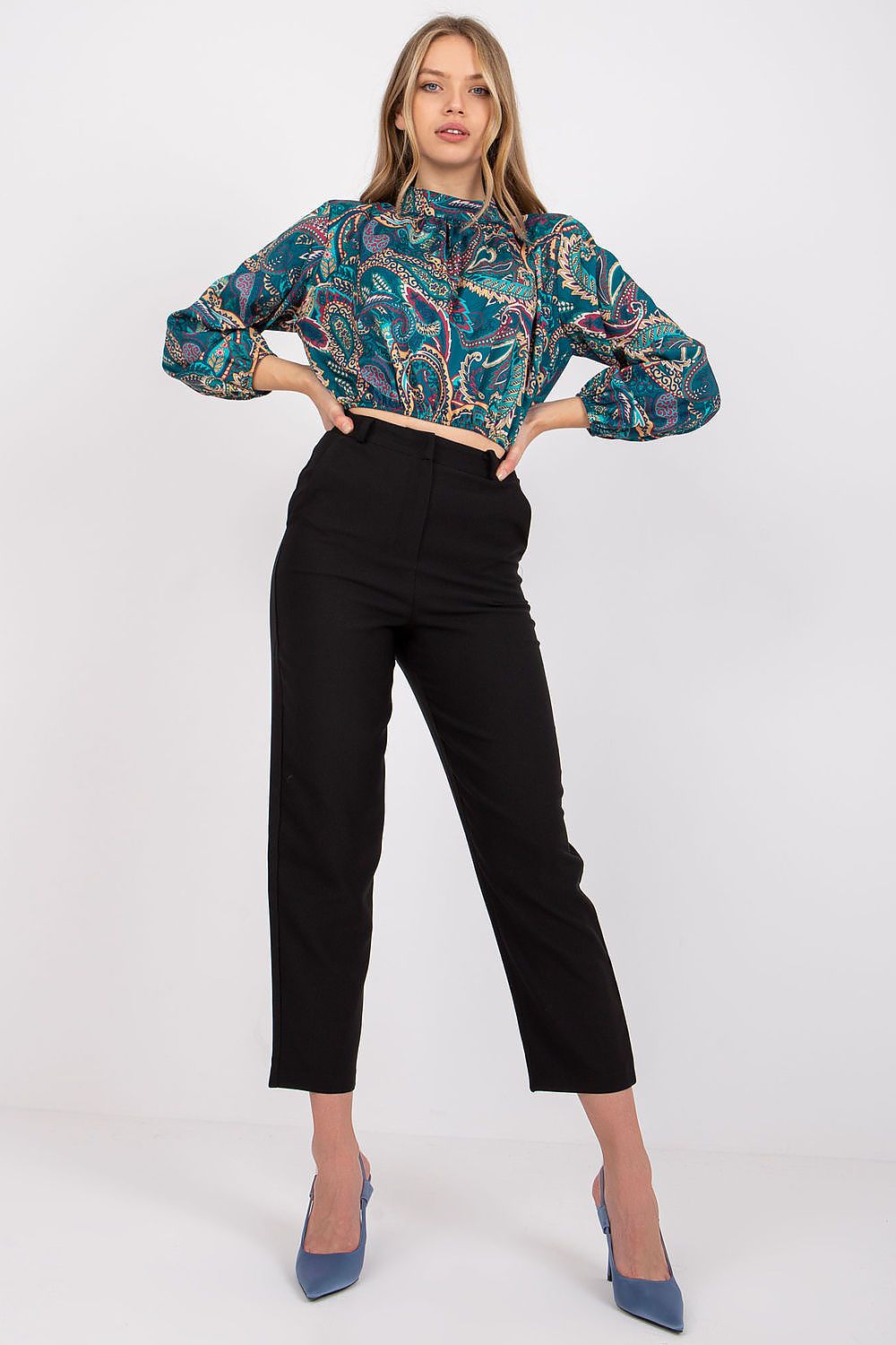Italy Moda Short Blouse Long Sleeve Stand-Up Collar