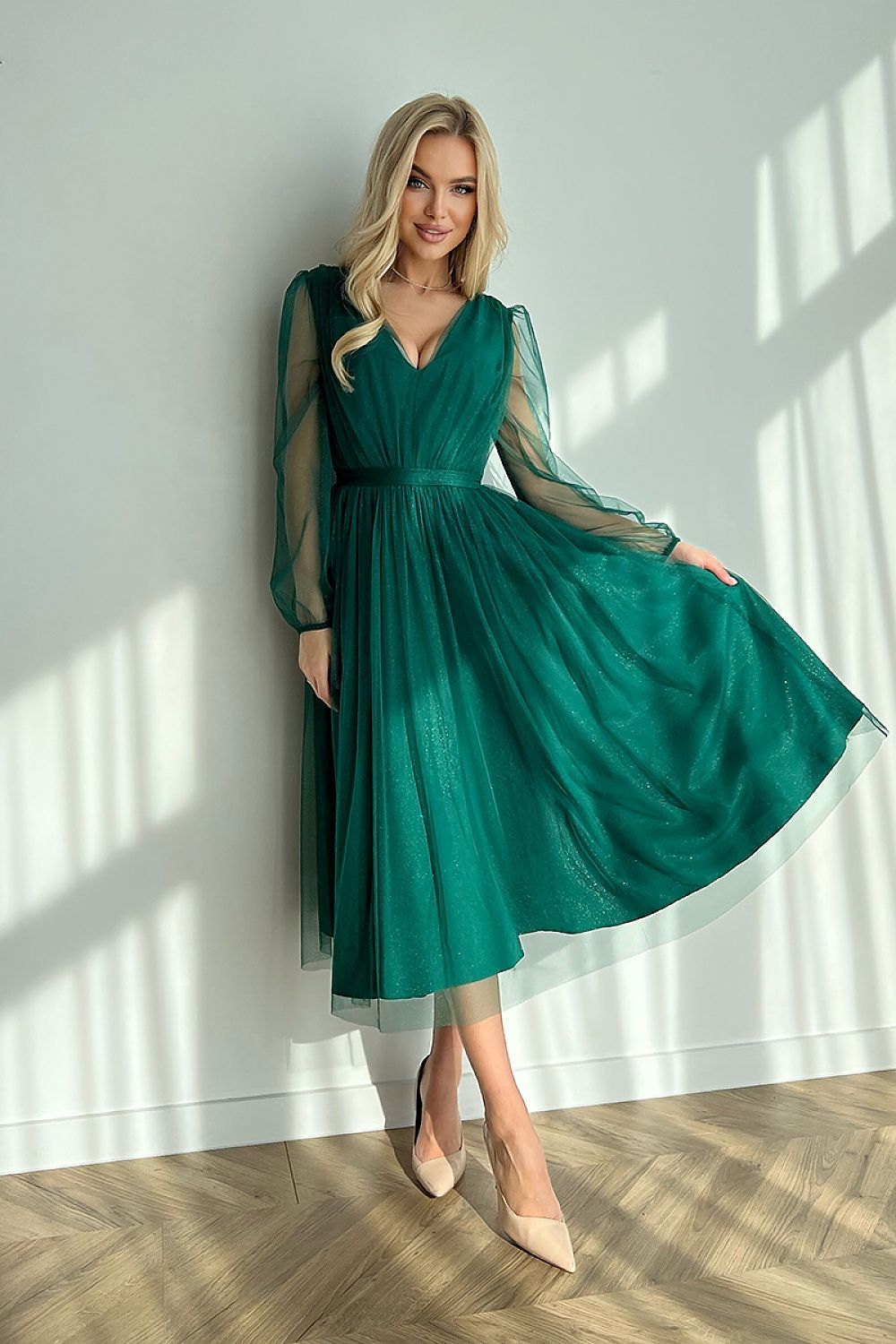 Bicotone Midi Mesh Sleeve Layered Evening Dress
