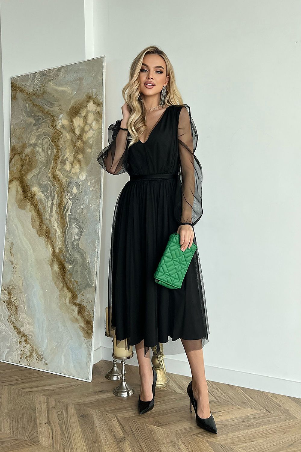 Bicotone Midi Mesh Sleeve Layered Evening Dress black