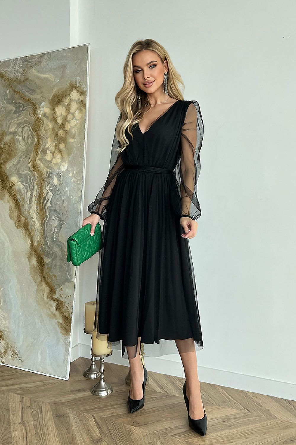 Bicotone Midi Mesh Sleeve Layered Evening Dress