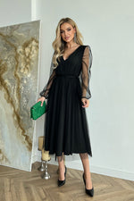 Bicotone Midi Mesh Sleeve Layered Evening Dress