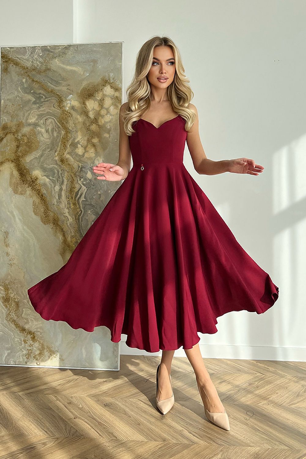 Bicotone Midi Strappy Flared Day Dress red 2