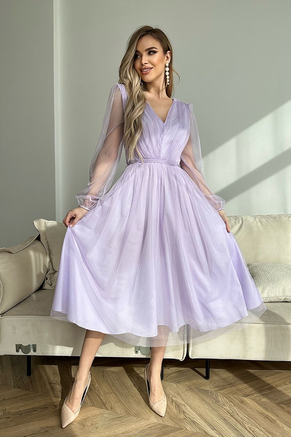 Bicotone Midi Mesh Sleeve Layered Evening Dress violet