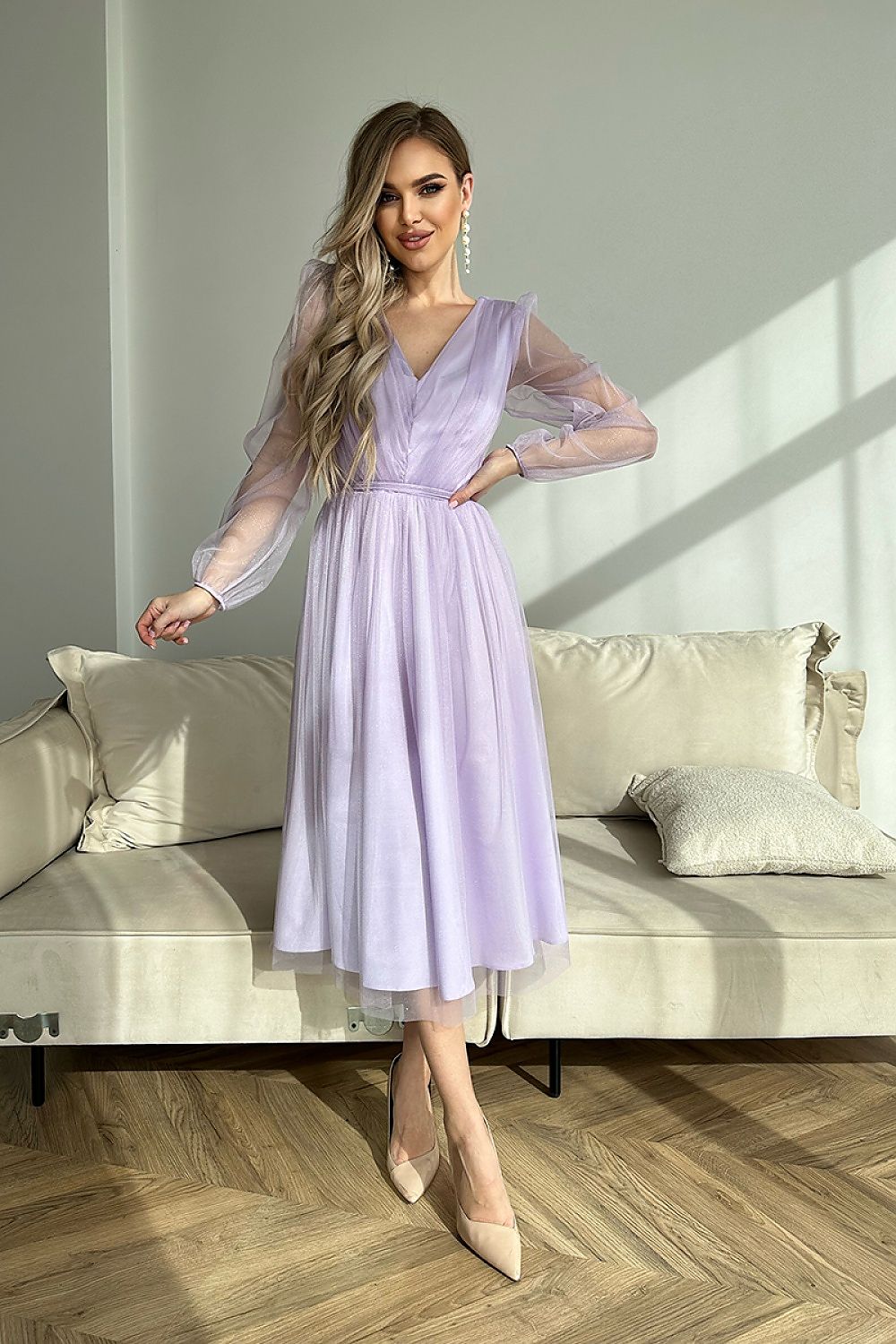 Bicotone Midi Mesh Sleeve Layered Evening Dress