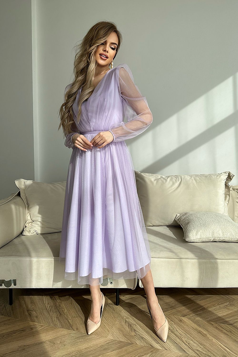 Bicotone Midi Mesh Sleeve Layered Evening Dress