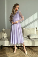 Bicotone Midi Mesh Sleeve Layered Evening Dress