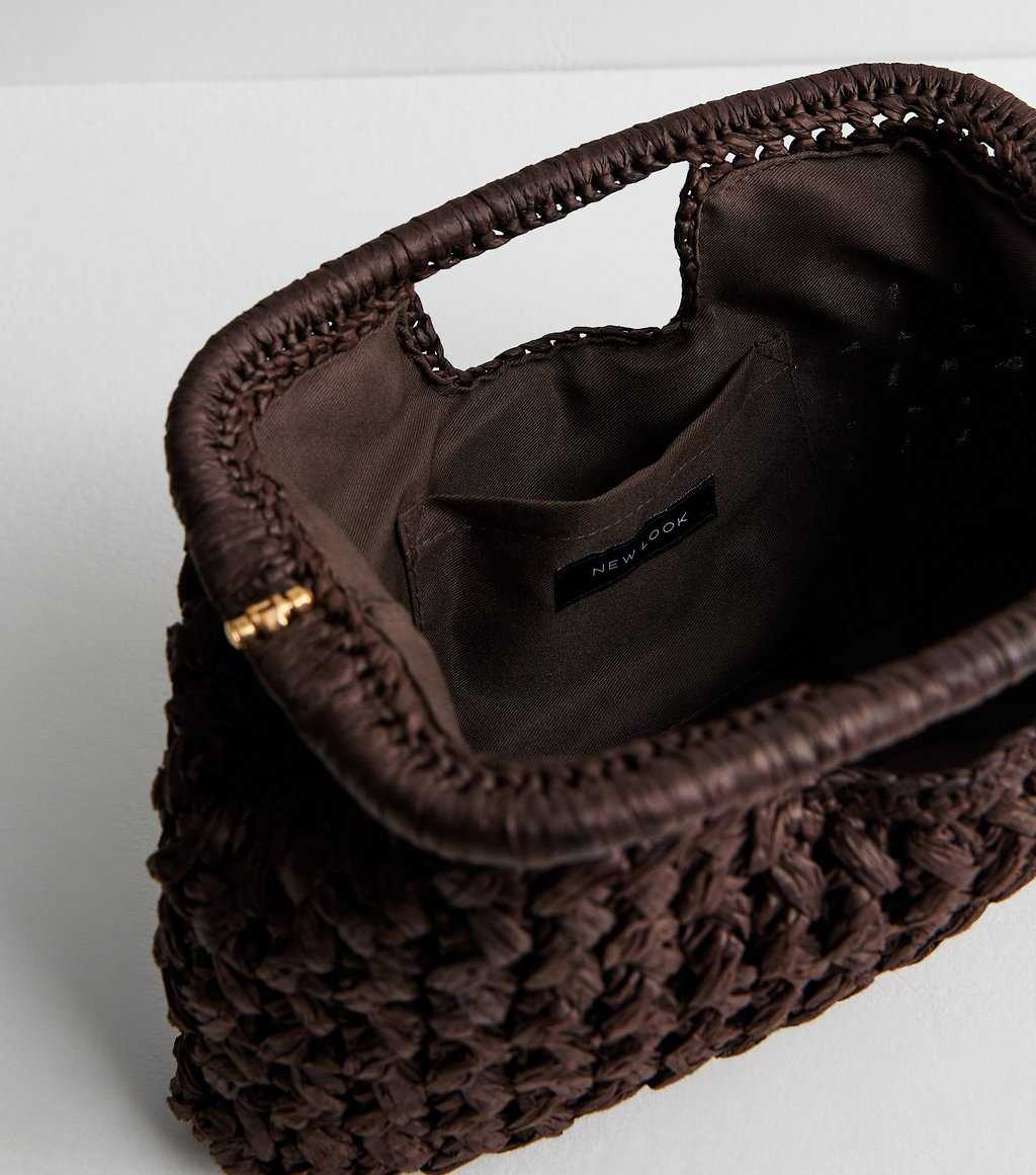 Dark Brown Woven Raffia Slouch Clutch with Gold Hardware — Women's Day to Evening Bag